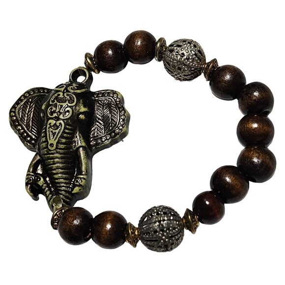 African Inspired Elephant Pendant Bracelet Wooden Metal Beads Statement Jewelry - Picture 1 of 5